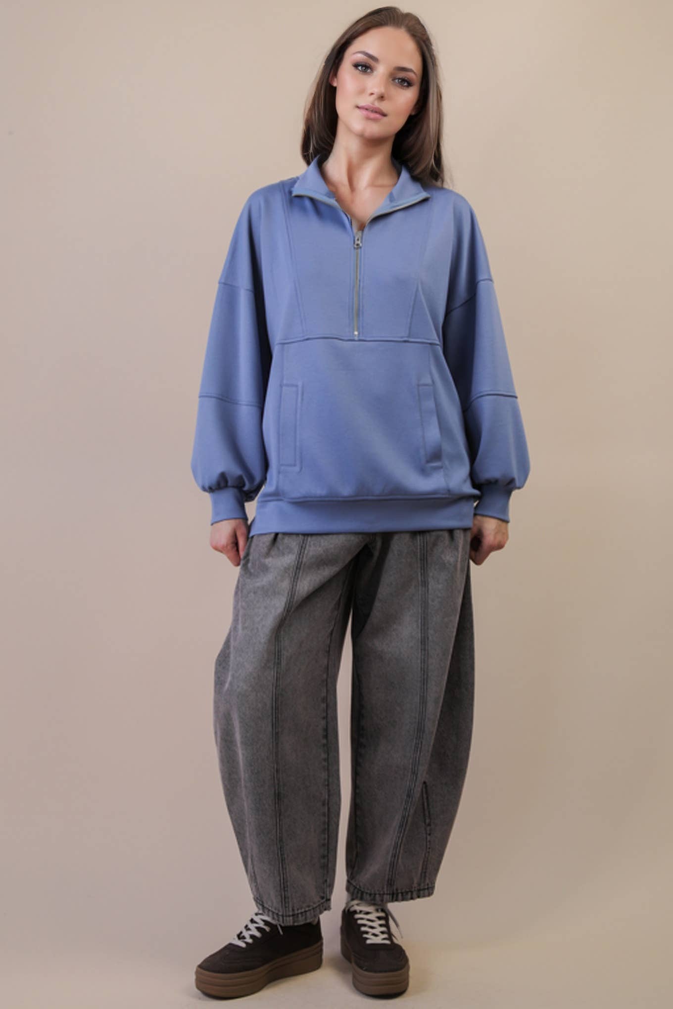 Half Zip UP Oversized Casual Comfy Knit Top