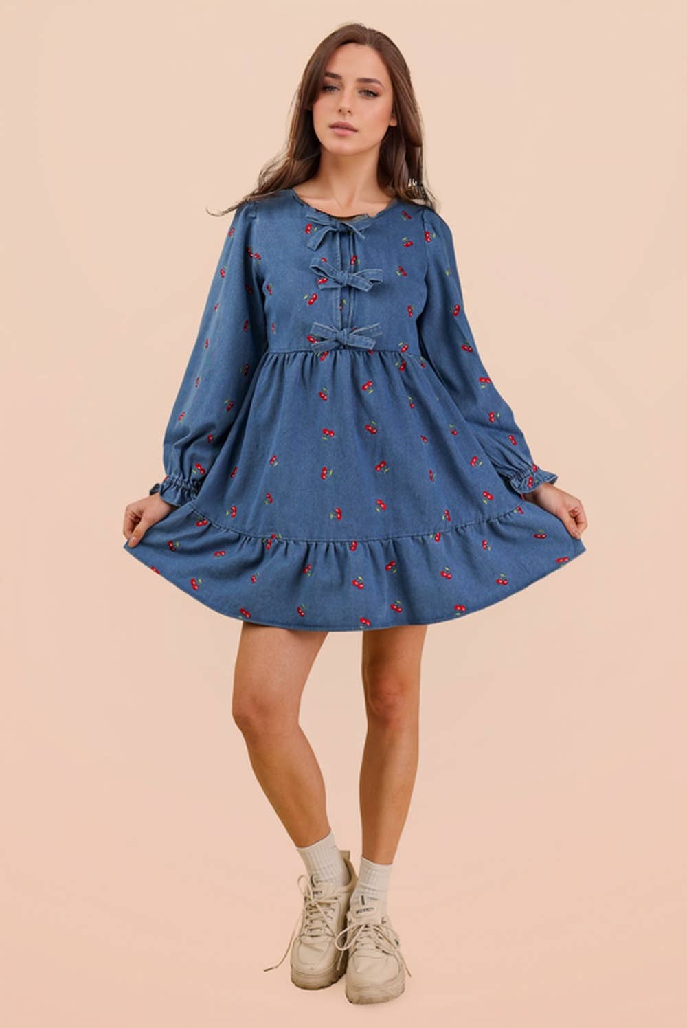 Soft Washed Denim Printed Casual Mini Dress
