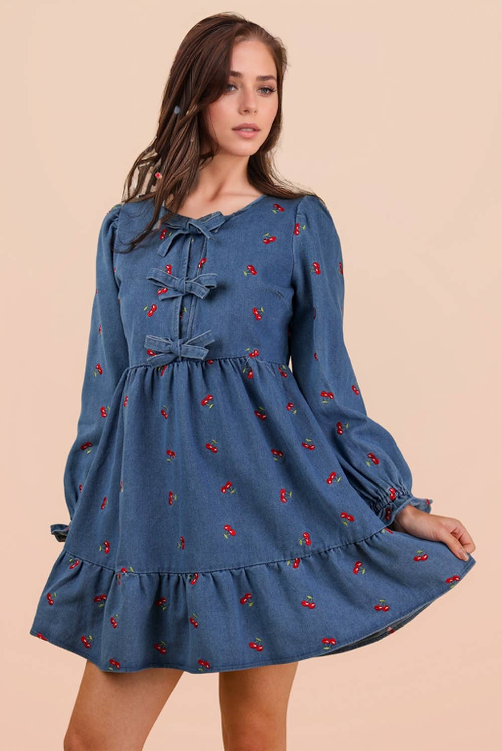 Soft Washed Denim Printed Casual Mini Dress