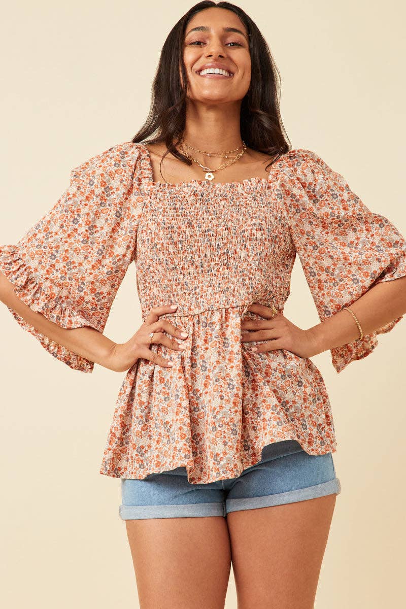 Floral Bell Sleeve Smocked Babydoll Top