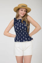 BOW LINE PATTERN TIE SHOULDER SLEEVELESS BLOUSE