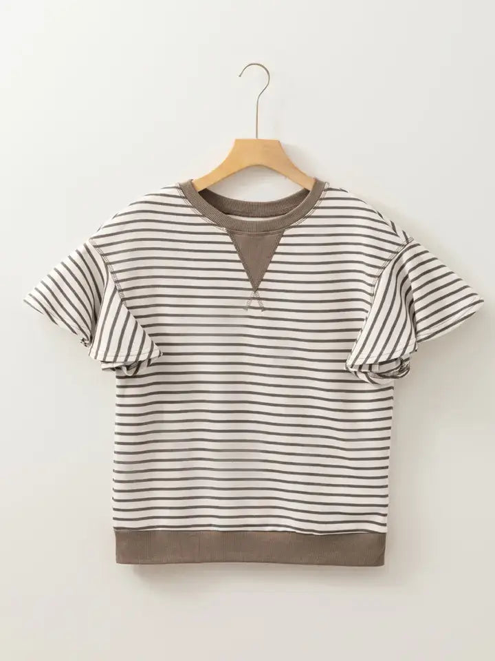 Brown Striped Ruffle Short Sleeve Top