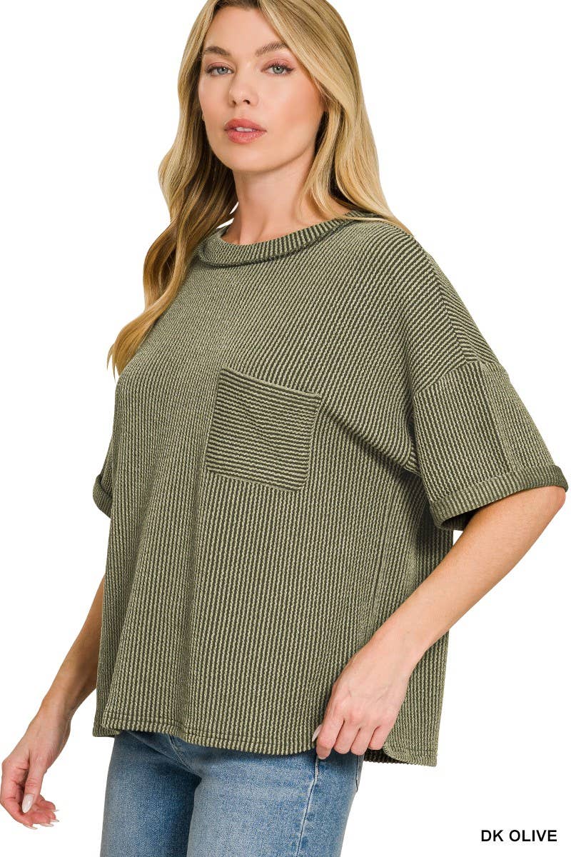 Rib Short Sleeve Front Pocket Top
