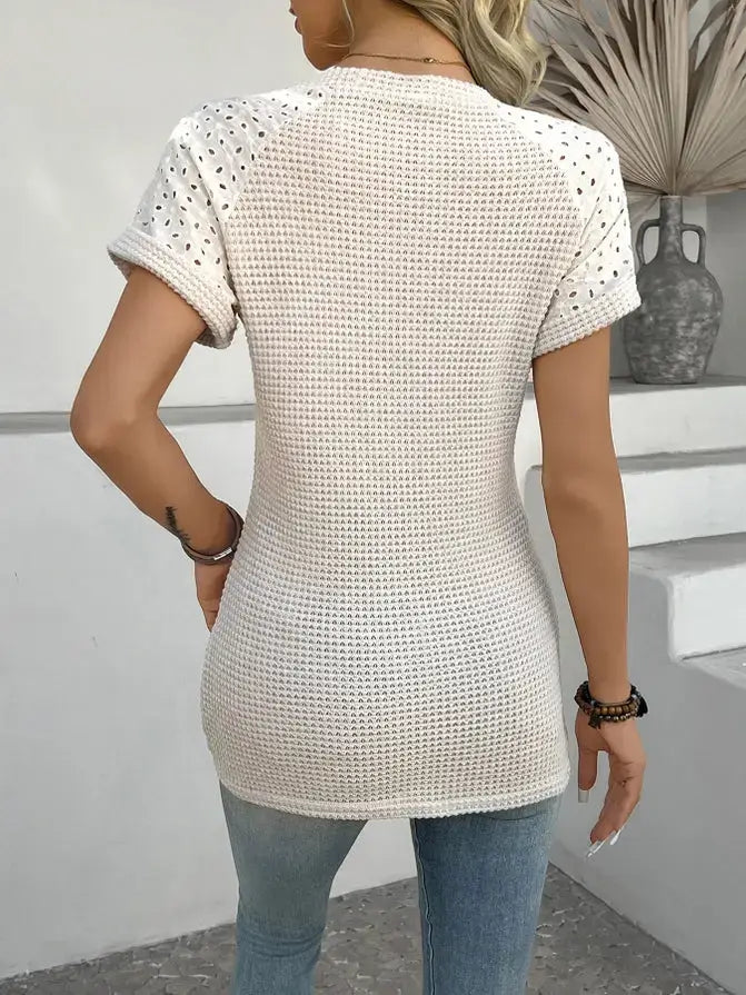 Crewneck Eyelet Lace Panel Short Sleeve Knit T-Shirt