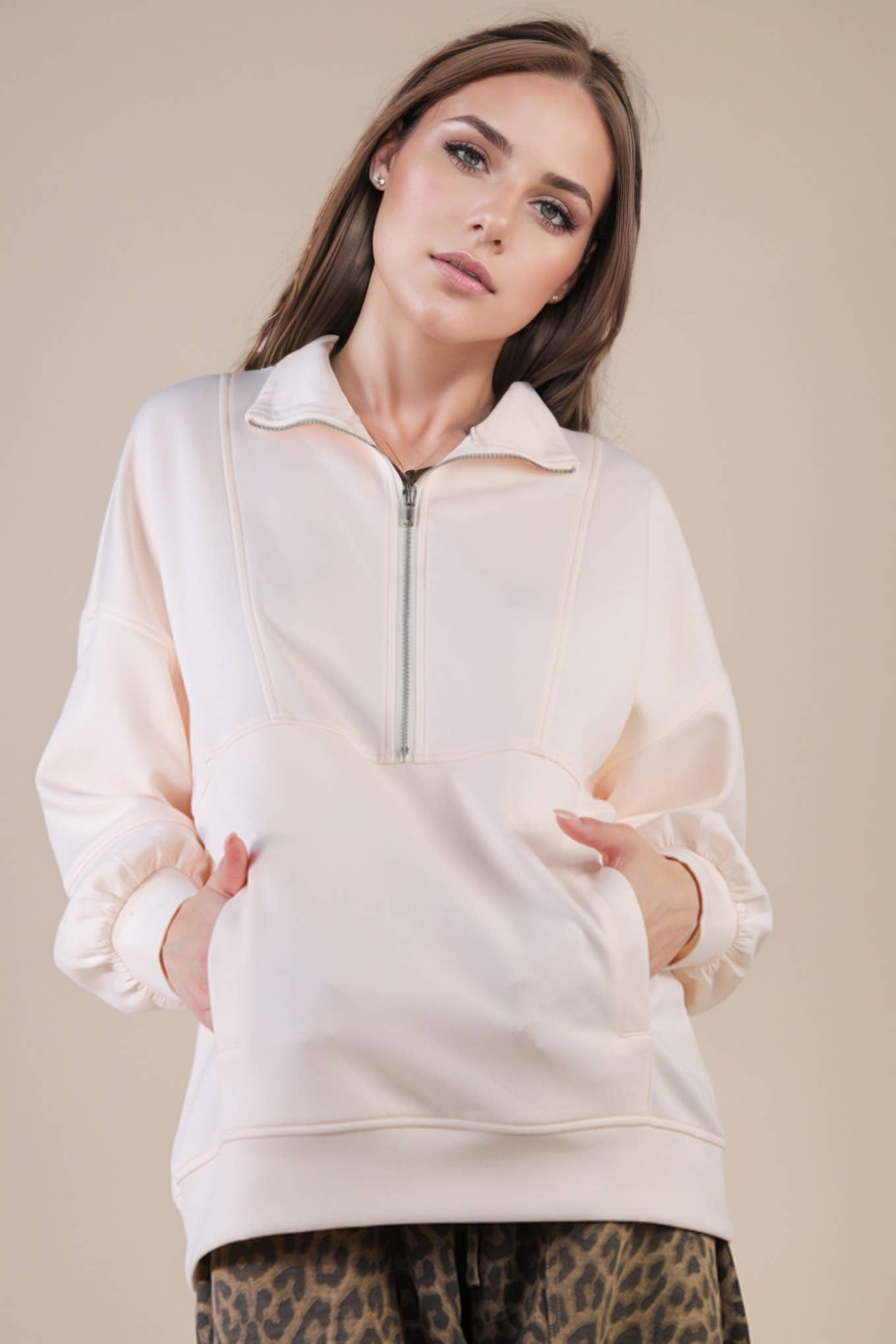 Half Zip UP Oversized Casual Comfy Knit Top