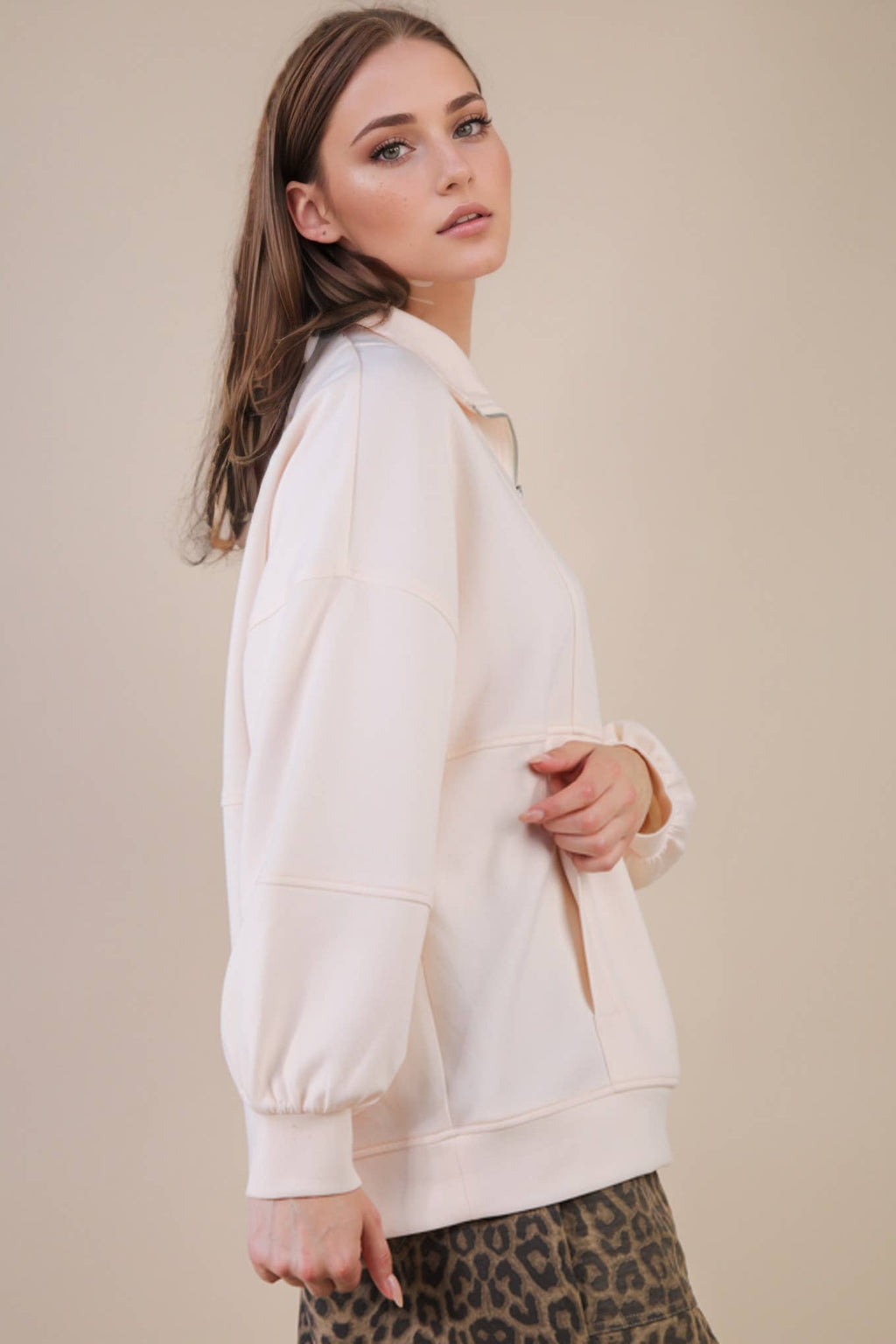 Half Zip UP Oversized Casual Comfy Knit Top