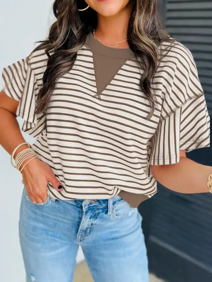 Brown Striped Ruffle Short Sleeve Top