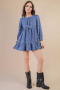 Soft Washed Denim Printed Casual Mini Dress