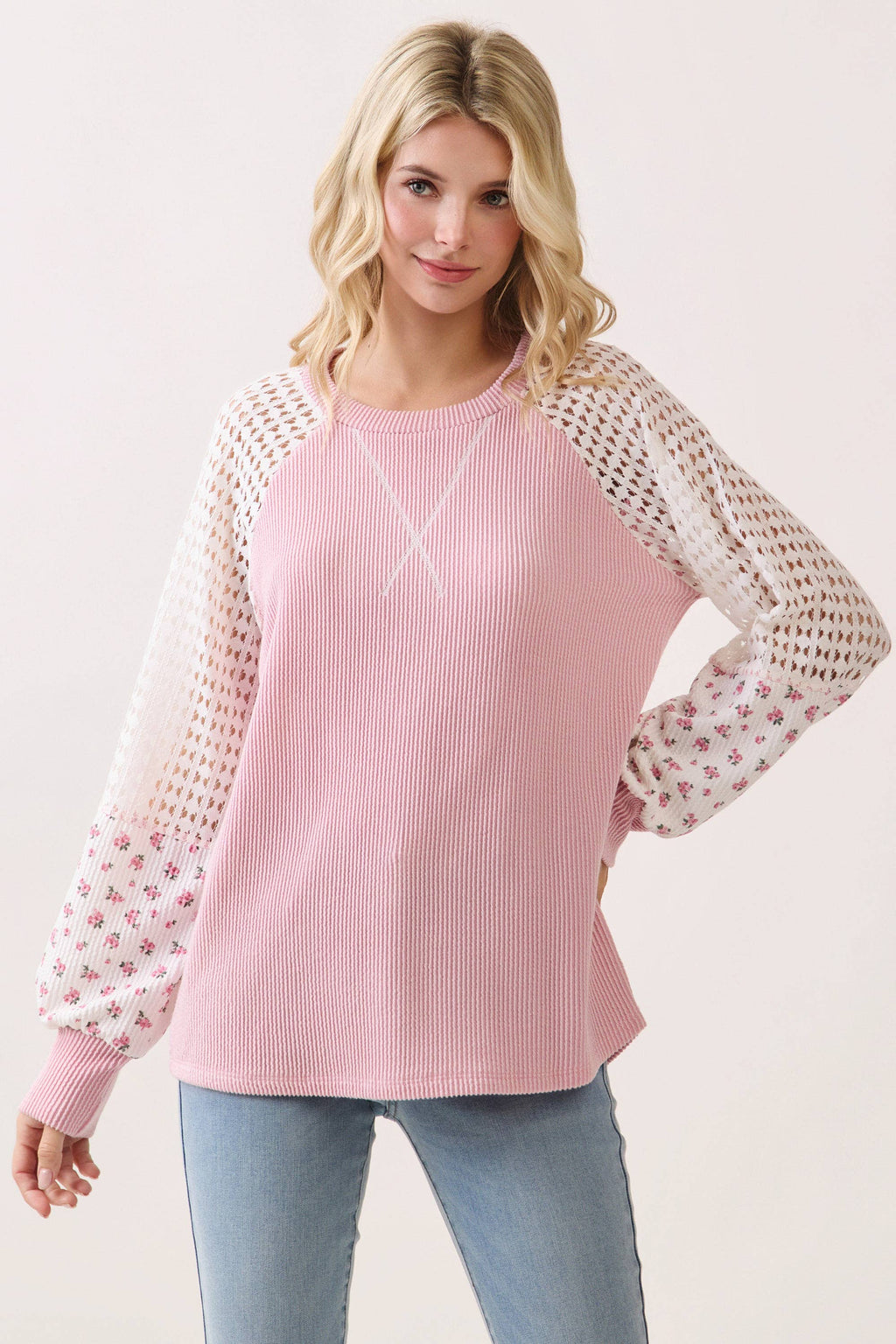 Crochet knit & floral contrast sleeve Pullover Top