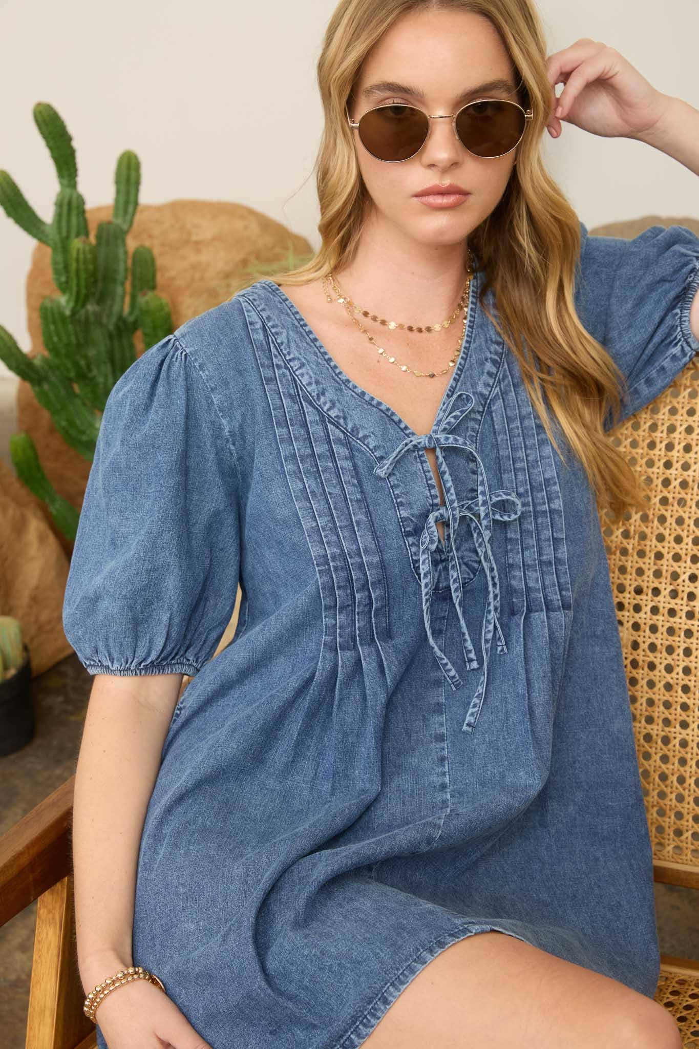 PLEATED FRONT TIE PUFF SLEEVE DENIM MINI DRESS