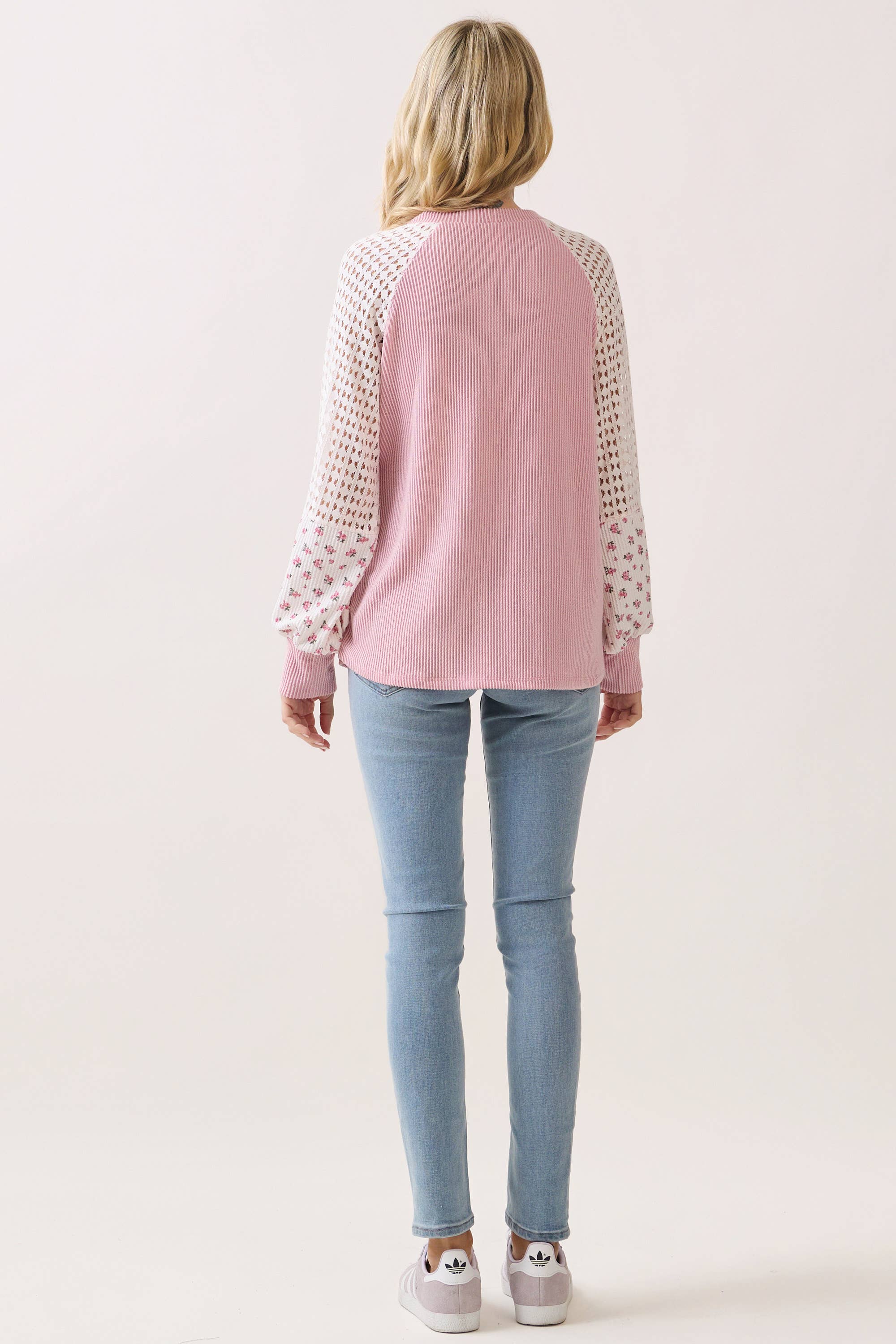 Crochet knit & floral contrast sleeve Pullover Top