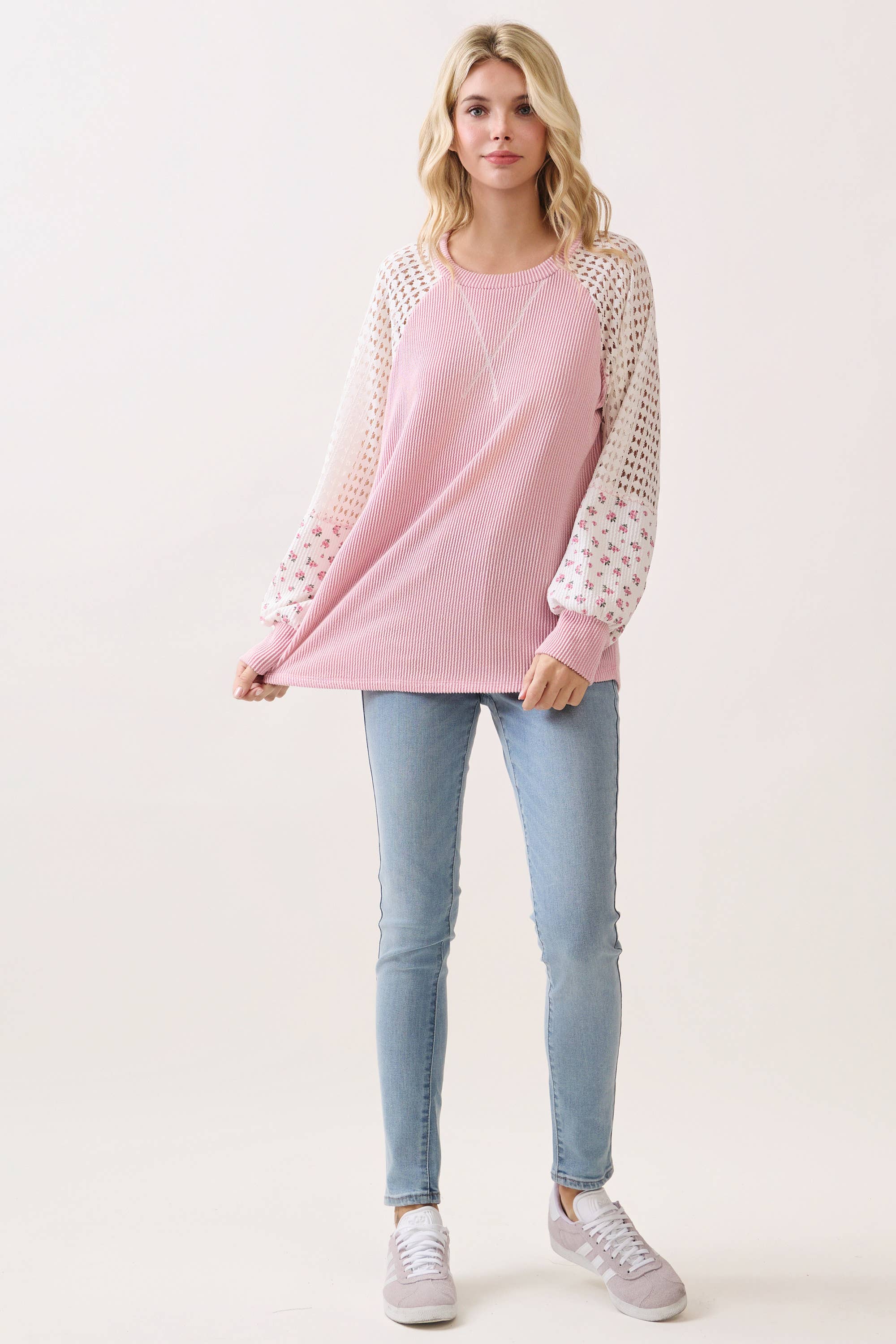 Crochet knit & floral contrast sleeve Pullover Top
