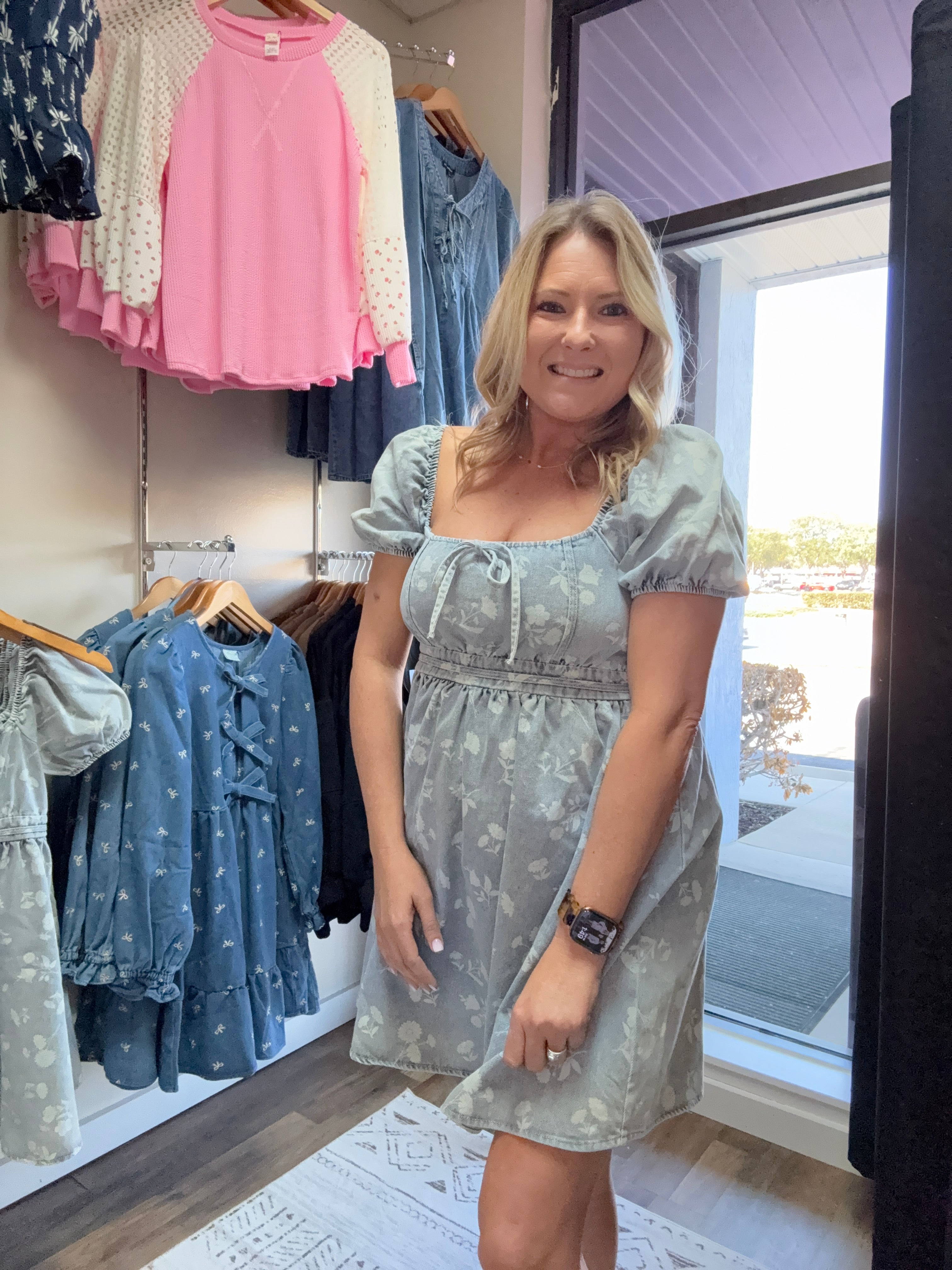 FLORAL WASHED DENIM SHORT PUFF SLEEVE MINI DRESS