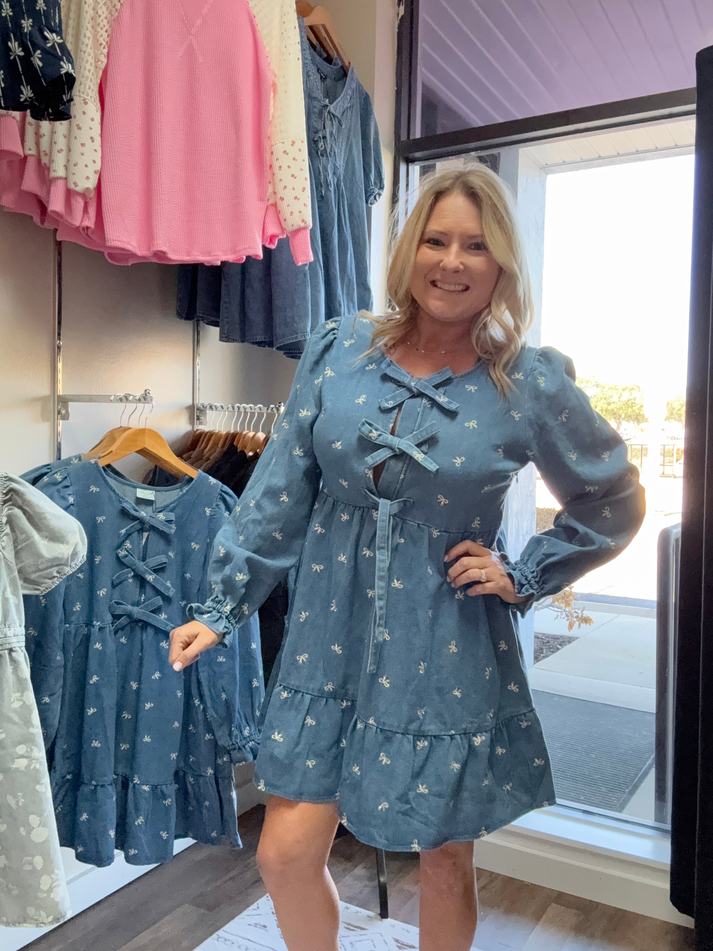 Soft Washed Denim Printed Casual Mini Dress