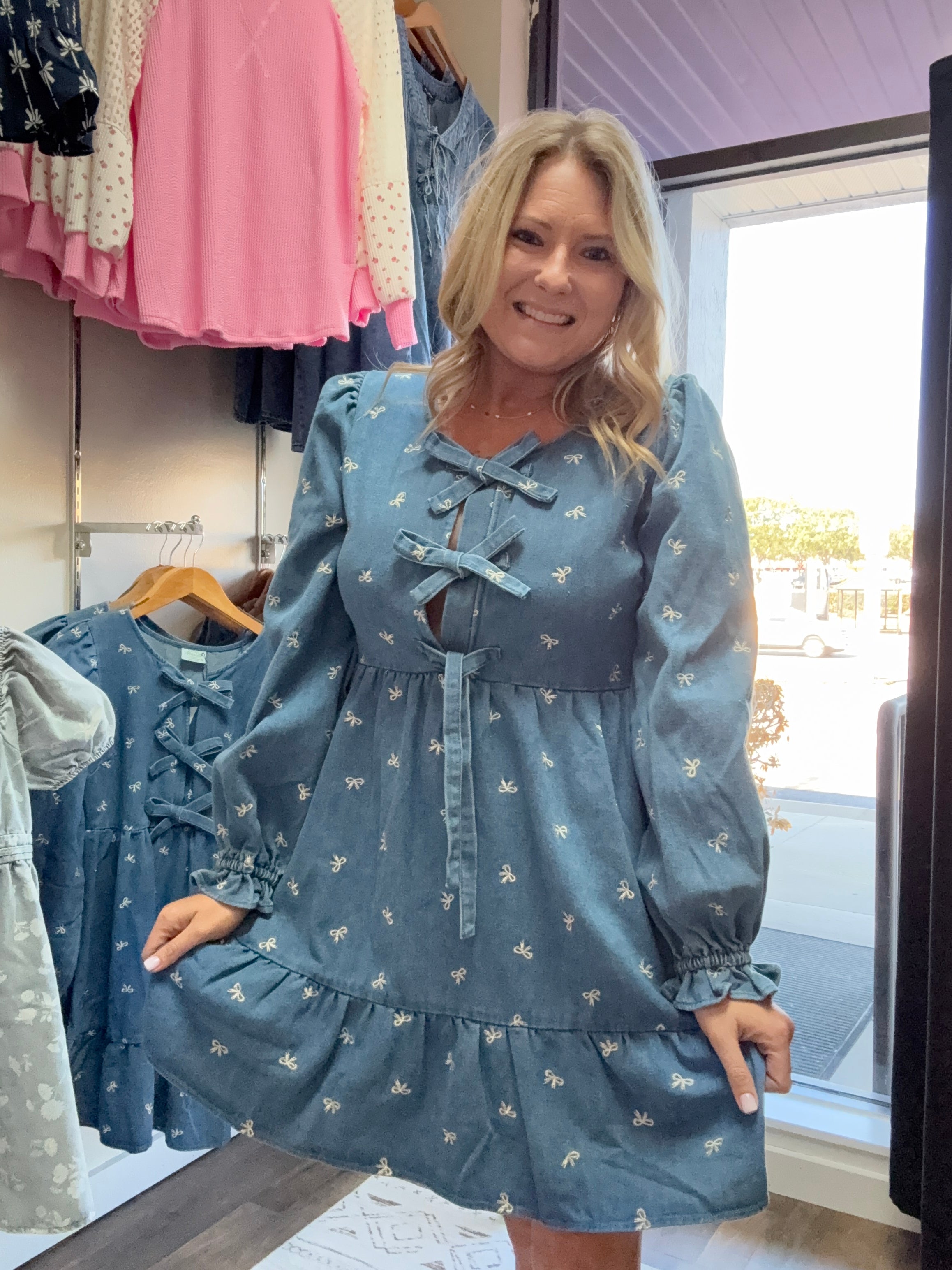 Soft Washed Denim Printed Casual Mini Dress