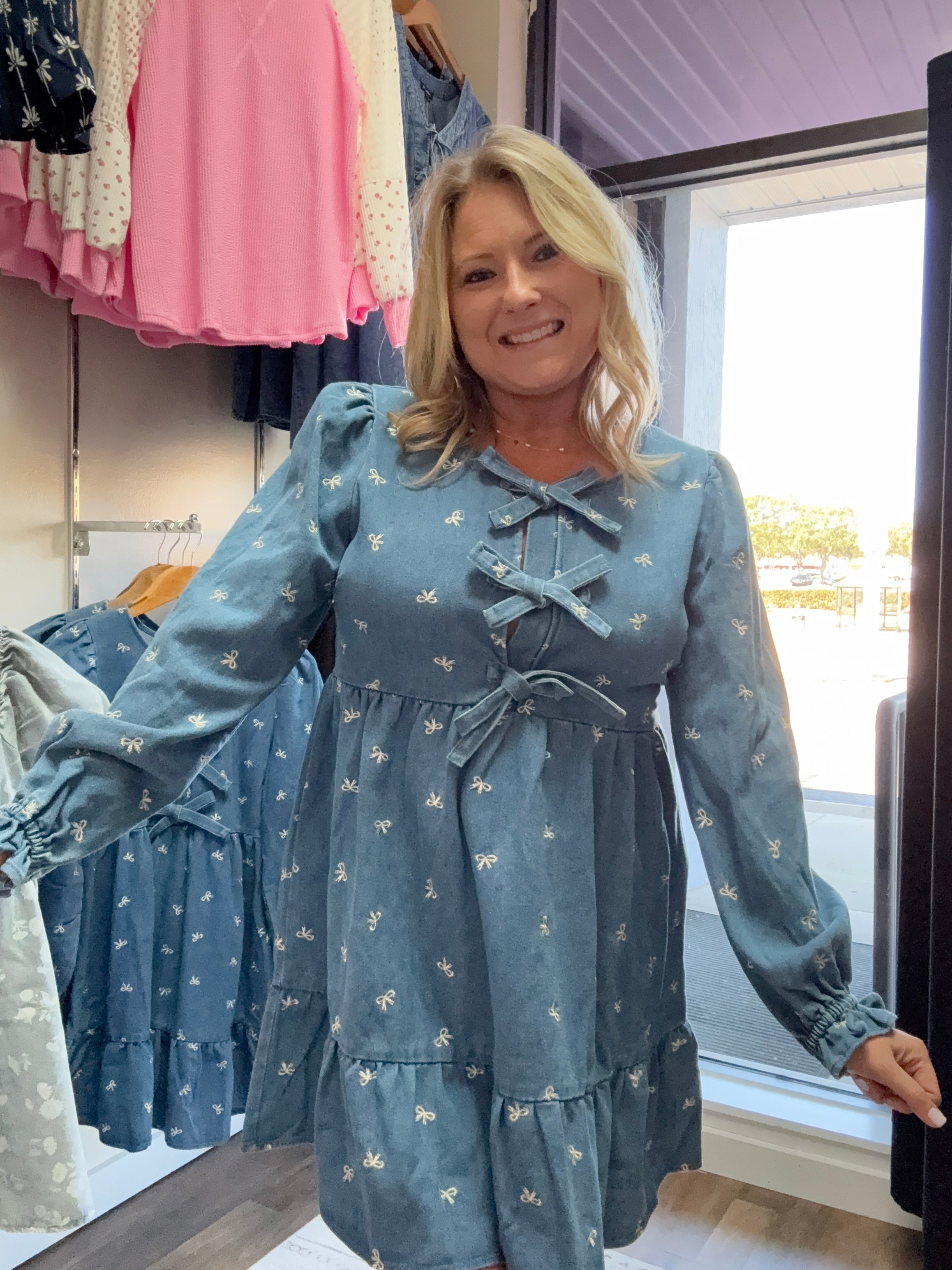 Soft Washed Denim Printed Casual Mini Dress