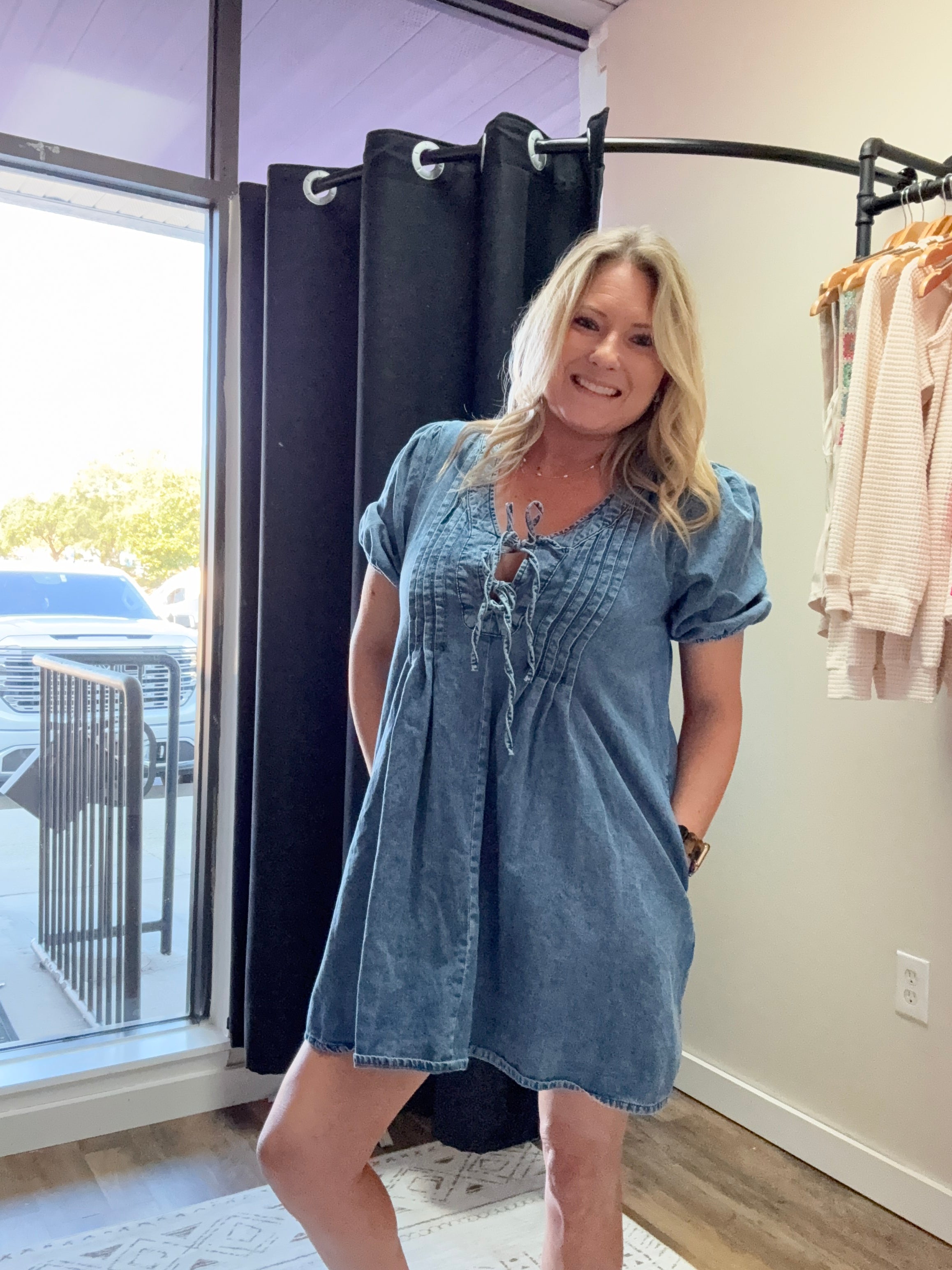 PLEATED FRONT TIE PUFF SLEEVE DENIM MINI DRESS