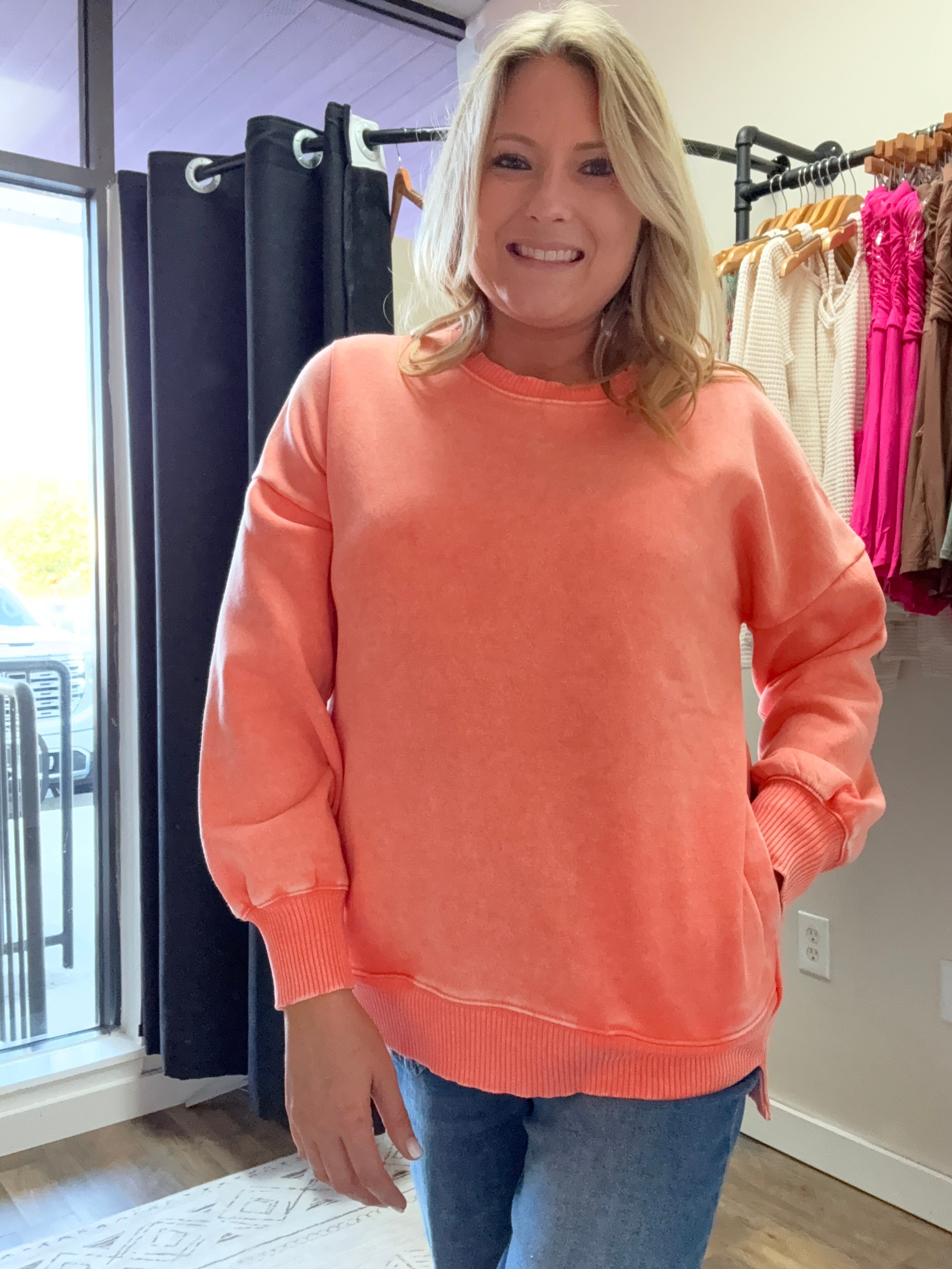 Acid Wash Fleece Hi Low Hem Pullover With Pockets