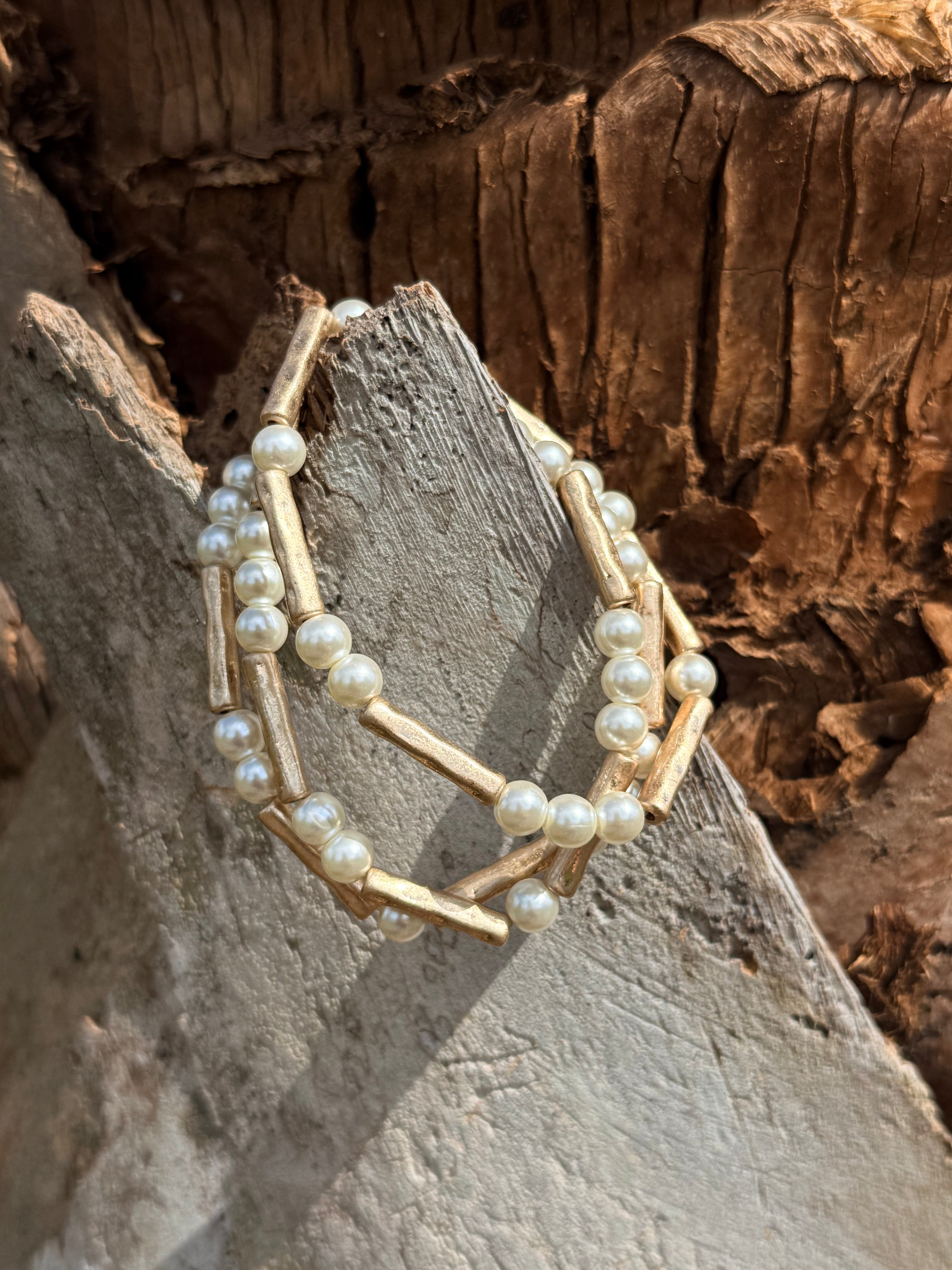 Pearls & Antique Gold Tube Beaded Bracelet Set