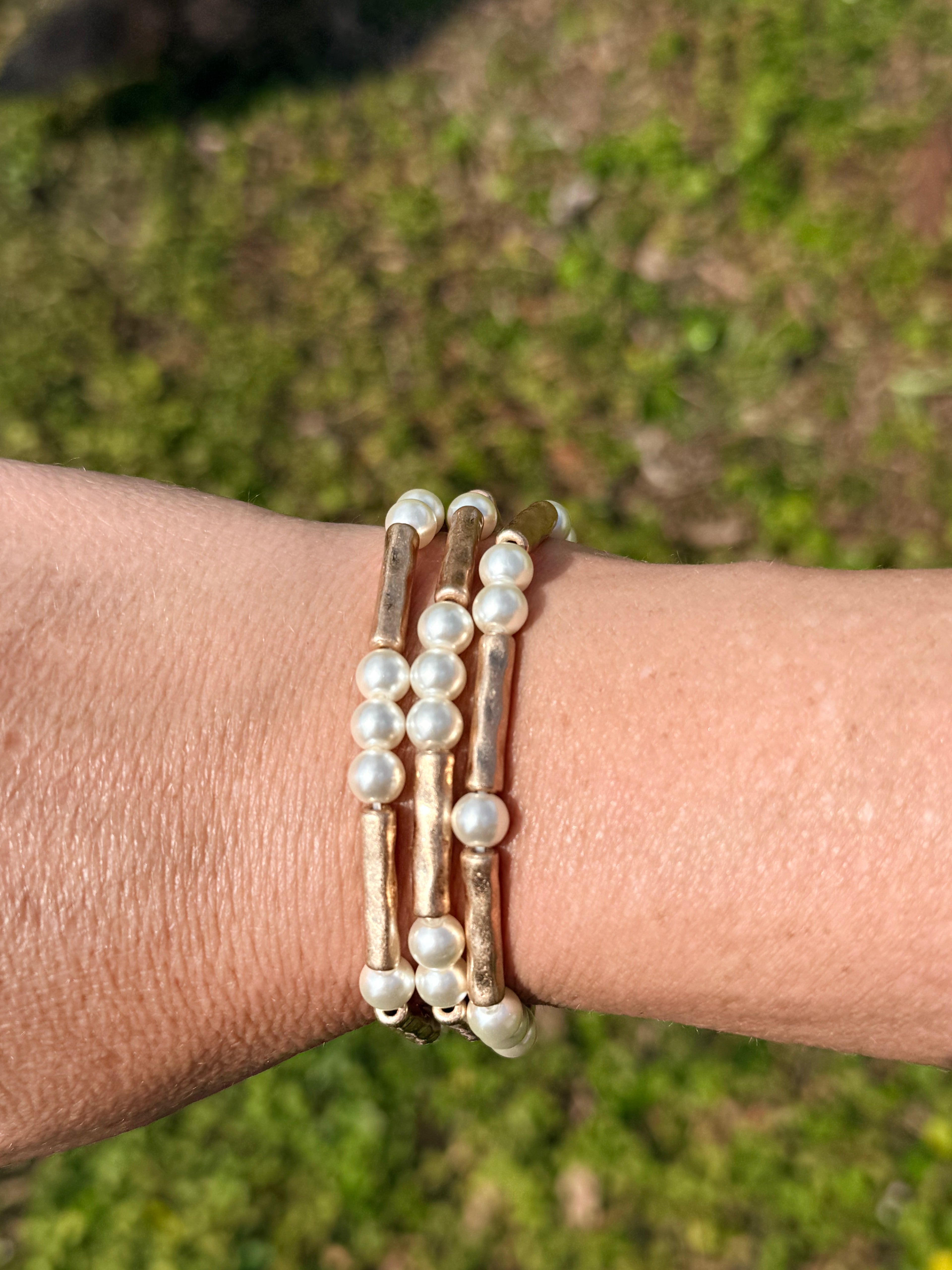 Pearls & Antique Gold Tube Beaded Bracelet Set