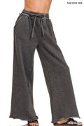 ACID WASH FLEECE PALAZZO SWEATPANTS WITH POCKETS