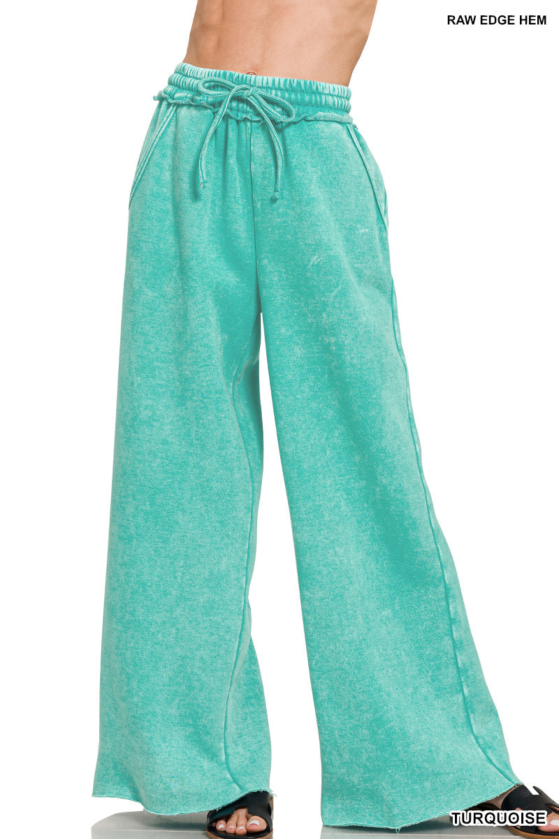 ACID WASH FLEECE PALAZZO SWEATPANTS WITH POCKETS
