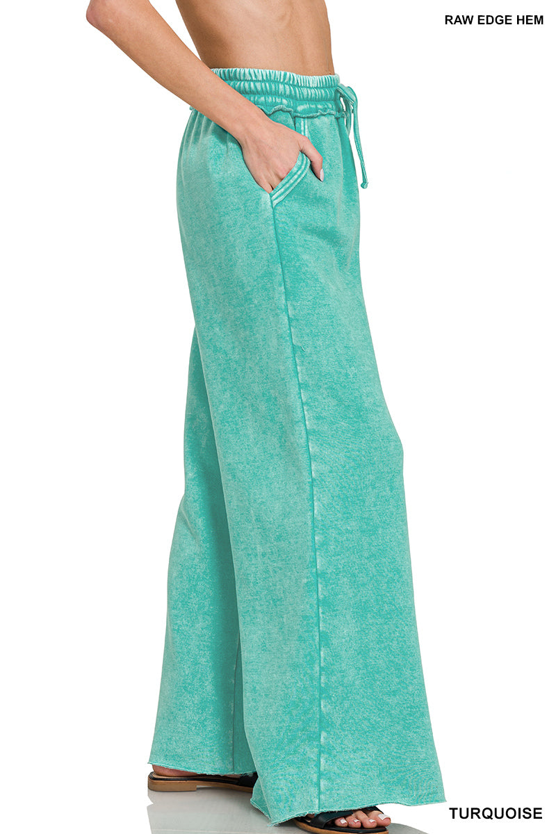 ACID WASH FLEECE PALAZZO SWEATPANTS WITH POCKETS