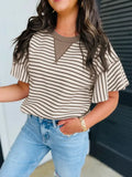 Brown Striped Ruffle Short Sleeve Top
