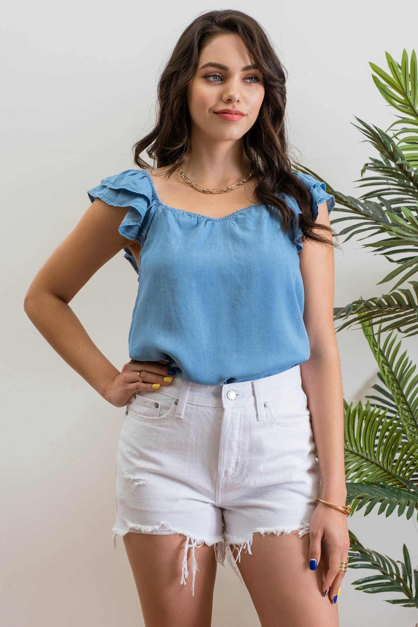 CHAMBRAY RUFFLE SLEEVE TOP