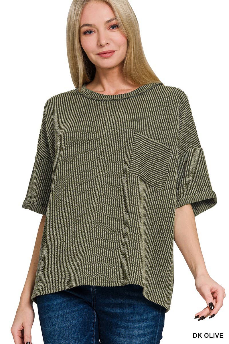 Rib Short Sleeve Front Pocket Top