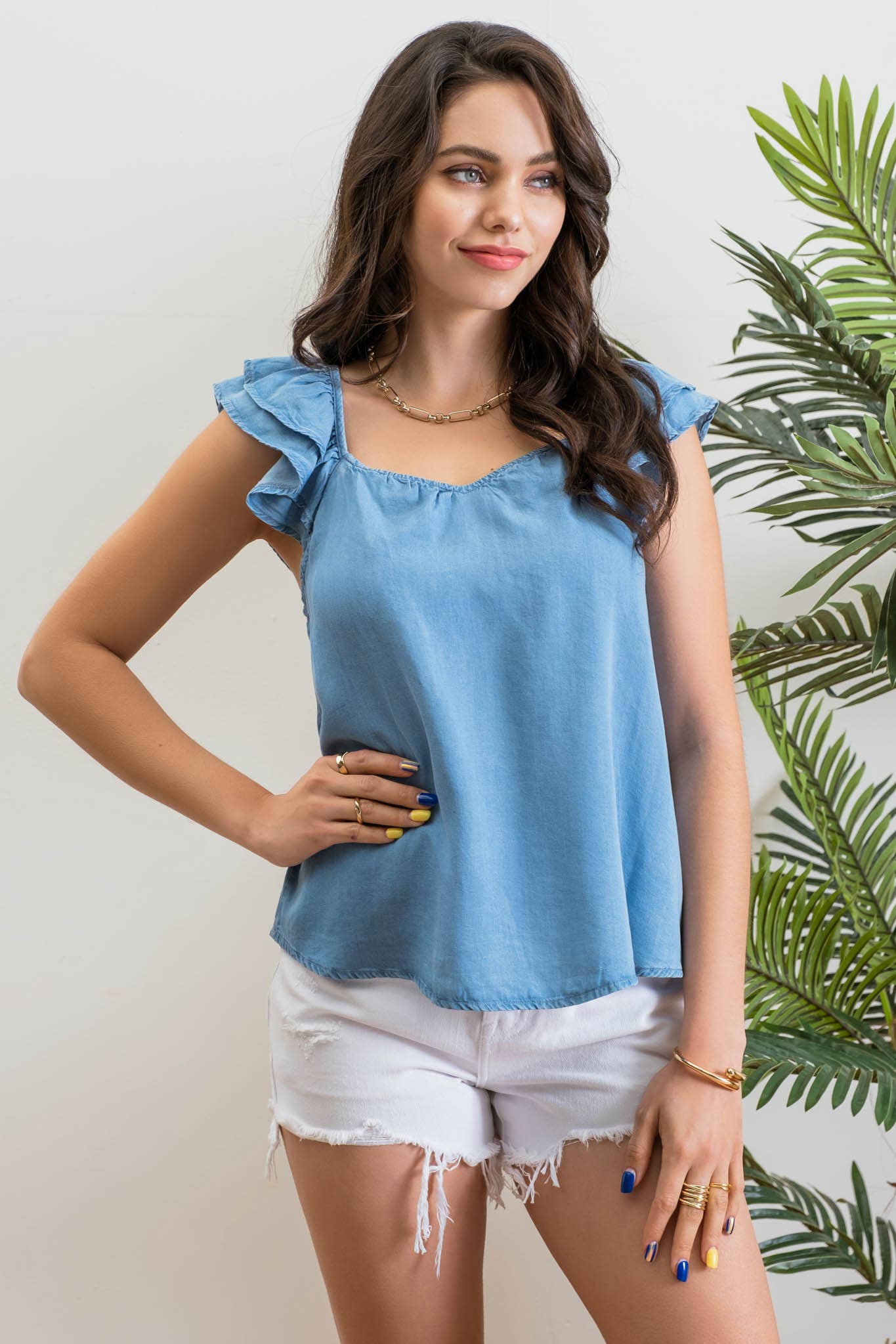 CHAMBRAY RUFFLE SLEEVE TOP