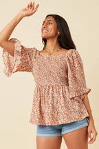 Floral Bell Sleeve Smocked Babydoll Top