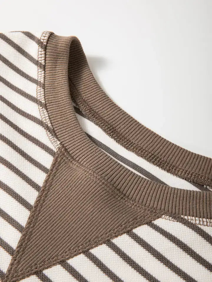 Brown Striped Ruffle Short Sleeve Top