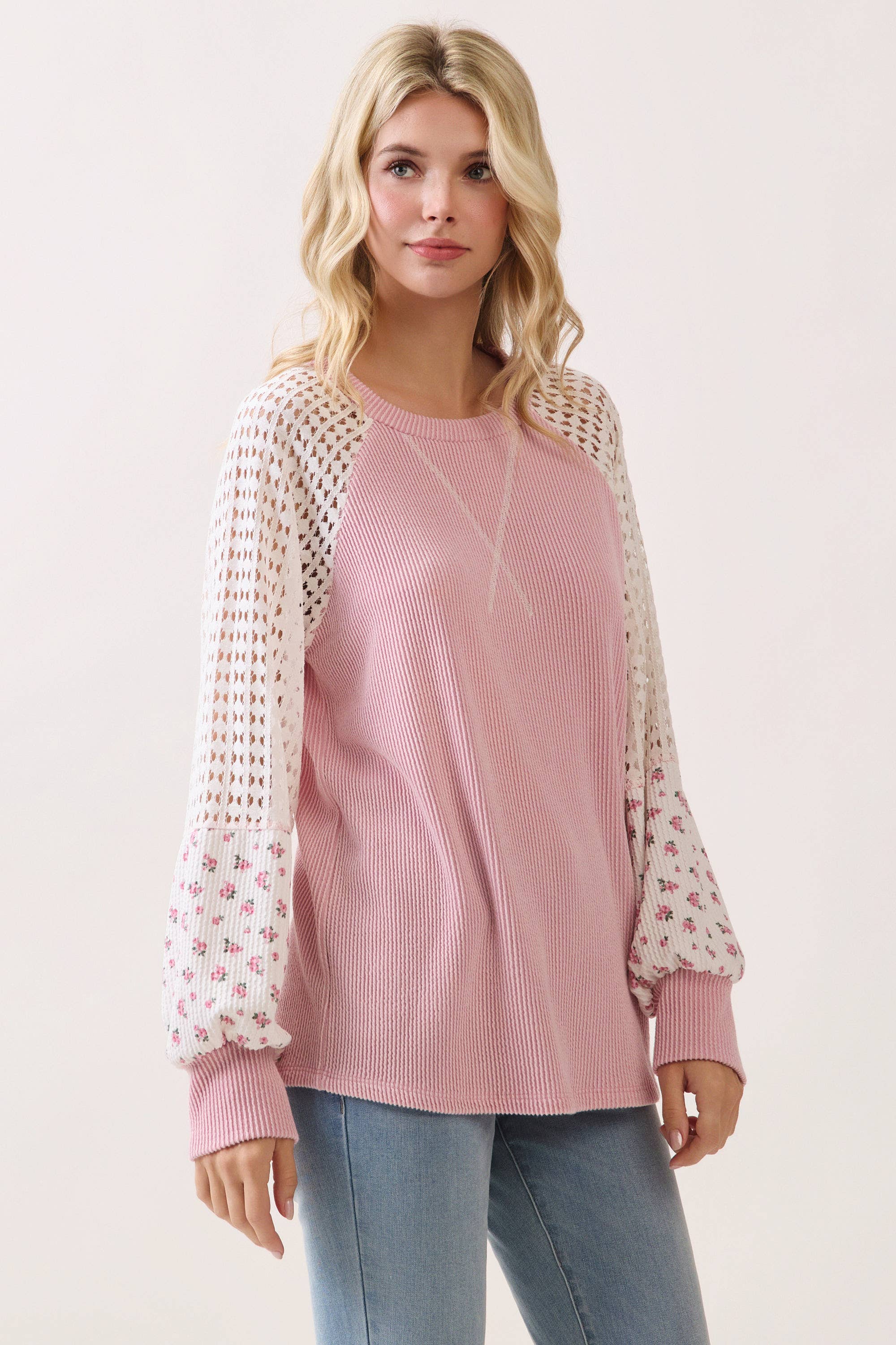 Crochet knit & floral contrast sleeve Pullover Top