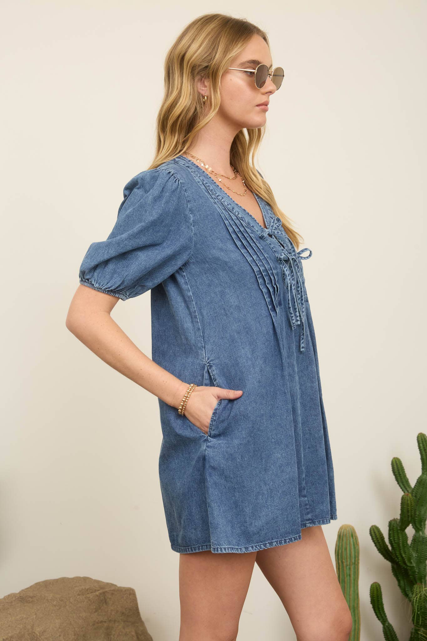 PLEATED FRONT TIE PUFF SLEEVE DENIM MINI DRESS